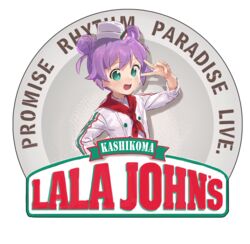  :d ahoge bad_id bad_pixiv_id blush bow brand_name_imitation buttons catchphrase character_name chef chef_hat double_bun employee_uniform english_text fast_food_uniform female flat_top_chef_hat garrison_cap green_eyes hair_bun hat long_sleeves looking_at_viewer manaka_laala manaka_laala_(young) open_mouth papa_john&#039;s pretty_series pripara purple_hair rr_(suisse200) shirt short_hair smile solo tareme twintails uniform upper_body v v_over_eye white_hat white_shirt 