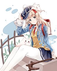  animal animal_on_head bad_id bad_pixiv_id bag blue_eyes buttons cat_on_head collared_shirt feline female fig_(happy_elements) hand_on_headwear hat holding holding_staff kanjyu0919 last_period long_hair majoca_majoluna necktie on_head pantyhose pleated_skirt red_necktie school_uniform shirt sitting sitting_on_stairs skirt staff stairs sweater white_hair white_legwear 