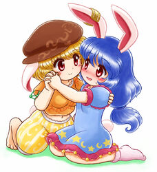  2girls animal_ears barefoot blonde_hair blue_dress blue_hair blush bobby_socks breasts cheek-to-cheek chibi commentary_request crescent crop_top dress earclip eye_contact flat_cap floppy_ears frilled_skirt frills hand_on_another&#039;s_back hat heads_together holding_hands interlocked_fingers kneeling long_hair looking_at_another low-tied_long_hair medium_breasts midriff multiple_girls navel nitamago nose_blush puffy_shorts rabbit_ears rabbit_tail red_eyes ringo_(touhou) seiran_(touhou) short_hair short_sleeves shorts simple_background sitting skirt smile socks star_(symbol) star_print sweat tail touhou wariza white_background yuri 