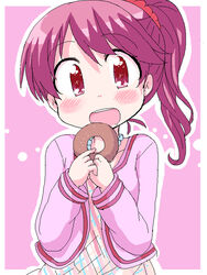  doughnut female food geetsu idolmaster idolmaster_cinderella_girls open_mouth pink_hair ponytail shiina_noriko 