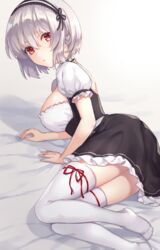  azur_lane breasts choker closed_mouth commentary_request dress expressionless female foot_out_of_frame frilled_choker frilled_dress frills grey_hair hair_between_eyes hairband highres kon_(k0n16) large_breasts leg_ribbon looking_at_viewer lying maid on_bed on_side partial_commentary puffy_short_sleeves puffy_sleeves red_eyes red_ribbon ribbon short_hair short_sleeves sirius_(azur_lane) solo thighhighs white_thighhighs 