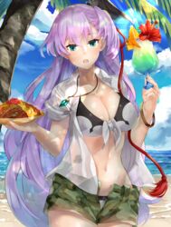  :o alternate_costume bangle beach bikini blue_eyes blue_sky bracelet breasts camouflage camouflage_shorts cloud commentary_request cup day drink female flower food fruit glint hibiscus highres holding holding_cup holding_plate hyuna_(sennen_sensou_aigis) jewelry light_purple_hair long_hair looking_at_viewer medium_breasts navel necklace ocean orange_(fruit) orange_slice outdoors palm_tree panda_inu pineapple pineapple_slice plate red_ribbon ribbon sennen_sensou_aigis shirt shorts sky solo standing swimsuit tree tropical_drink unbuttoned very_long_hair water white_shirt yakisoba 