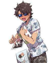  1boy asaki27 blush camouflage caught commentary_request dropping fate/grand_order fate_(series) fudanshi fujimaru_ritsuka_(male) fujimaru_ritsuka_(male)_(tropical_summer) hawaiian_shirt implied_yaoi looking_at_viewer male_focus manga_(object) official_alternate_costume romani_archaman shipping_(fandom) shirt simple_background solo sunglasses tan white_background 