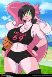  abs anthro athletic basketball big_breasts big_ears black_hair black_nose bra breasts clothing eyebrow_through_hair eyebrows female floppy_ears fur green_eyes hair huge_breasts lagomorph leporid long_ears long_hair mammal mastergodai midriff multicolored_body multicolored_fur multicolored_hair muscular muscular_female navel pink_body pink_fur pink_hair rabbit rascals reiko_usagi solo sports_bra translucent translucent_hair two_tone_body two_tone_fur two_tone_hair underwear 