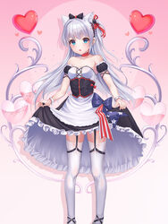  absurdres american_flag american_flag_print animal_ears azur_lane black_dress blue_eyes bow breasts cat_ears cat_tail choker cleavage clothes_lift collarbone commentary_request dress dress_lift female flag_print foka_(beginner) garter_straps grey_hair hairbow hammann_(azur_lane) hammann_(retrofit)_(azur_lane) heart highres lifting_own_clothes long_hair looking_at_viewer open_mouth photoshop_(medium) red_choker ribbon skirt skirt_lift small_breasts solo standing strapless strapless_dress tail thighhighs white_thighhighs 