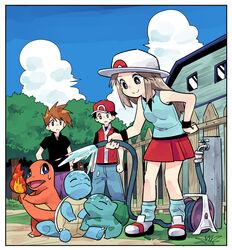  2boys baseball_cap black_hair black_shirt blue_legwear blue_oak blue_pants blue_sky border breasts bright_pupils building bulbasaur charmander closed_mouth cloud commentary_request day female fence fire flame-tipped_tail grass hand_on_own_hip hat holding hose leaf_(pokemon) legs_apart long_hair loose_socks medium_breasts miniskirt multiple_boys outdoors pants pokemon pokemon_(creature) pokemon_frlg porkpie_hat purple_pants red_(pokemon) red_hat red_skirt shirt shoes short_sleeves skirt sky smile socks squirtle standing starter_pokemon_trio straight_hair tonmoh tree water white_border white_footwear white_hat white_pupils white_skirt wooden_fence wristband 