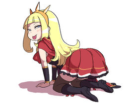  all_fours ass blonde_hair blue_eyes cagliostro_(granblue_fantasy) circlet commentary_request female granblue_fantasy long_hair looking_back shadow solo thighhighs tongue tongue_out white_background yoshino_norihito 