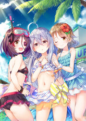  3girls :d ahoge aqua_one-piece_swimsuit arm_at_side bare_legs beach_house bikini bikini_skirt bikini_top_only black_bikini black_skirt blonde_hair blush bow bracelet braid breasts brown_eyes building butt_crack casual_one-piece_swimsuit closed_mouth cloud cloudy_sky collarbone commentary_request cover cover_page cowboy_shot day diving_mask diving_mask_on_head drill_hair earrings eyepatch flat_chest flower frilled_bikini frilled_one-piece_swimsuit frills from_behind front-tie_bikini_top front-tie_top goggles goggles_on_head grey_hair groin hair_between_eyes hair_flower hair_ornament hand_on_another&#039;s_shoulder hand_on_own_chest hayasaka_mirei hibiscus highres hoshi_syoko huge_ahoge idolmaster idolmaster_cinderella_girls individuals_(idolmaster) innertube jewelry layered_bikini layered_skirt leg_up light_rays long_hair looking_at_viewer low-tied_long_hair midriff miniskirt morikubo_nono multicolored_hair multiple_girls navel oerba_yun_fang one-piece_swimsuit one_eye_closed open_mouth orange_flower outdoors over_shoulder palm_tree pink_bow pink_flower plaid plaid_bikini plant polka_dot polka_dot_swimsuit purple_hair red_flower red_hair ribs sash see-through short_hair single_braid skirt sky small_breasts smile snorkel spaghetti_strap spiked_bracelet spikes standing streaked_hair striped striped_bow stud_earrings sunbeam sunlight swim_ring swimsuit takasaka_donten tareme tree two-tone_hair unmoving_pattern white_bikini white_sash yellow_bow yellow_eyes yellow_skirt 