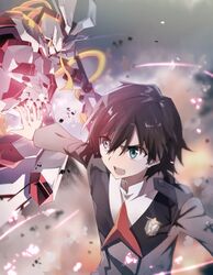  1boy aqua_eyes black_hair commentary_request darling_in_the_franxx fire firing hiro_(darling_in_the_franxx) long_sleeves male_focus mecha military military_uniform necktie red_necktie robot sky smoke sparks strelizia tsuezu uniform 