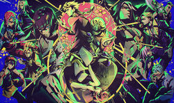  6+boys ankai_(rappelzankai) bandana black_eyes black_hair black_sclera blonde_hair blue_eyes blue_hair braid bruno_bucciarati colored_sclera commentary_request copyright_name curly_hair female flower formaggio ghiaccio giorno_giovanna glasses gold_experience green_eyes green_hair grey_hair guido_mista gun handgun hat helmet illuso jojo_no_kimyou_na_bouken leone_abbacchio long_hair looking_at_viewer melone multiple_boys narancia_ghirga pannacotta_fugo pesci pink_hair prosciutto purple_eyes red-framed_eyewear red_eyes risotto_nero serious short_hair stand_(jojo) trish_una vento_aureo weapon white_hair 