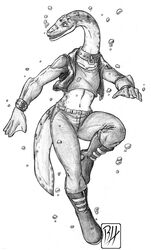  anthro anthrosaurs boots bottomwear choker clothing cryptoclidid cryptoclidus denim denim_bottomwear denim_clothing extinct facial_piercing female footwear hi_res jacket jeans jewelry leather leather_clothing leather_jacket leather_topwear marine membrane_(anatomy) monochrome necklace pants piercing plesiosaur plesiosaurus predaguy prehistoric_species reptile scalie solo topwear underwater water webbed_hands 