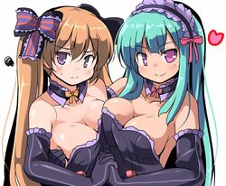  2girls blonde_hair blue_hair breast_press breasts cleavage commentary_request elbow_gloves gloves long_hair medium_breasts multiple_girls purple_eyes reaper_(sekaiju) reaper_2_(sekaiju) reaper_4_(sekaiju) sekaiju_no_meikyuu sekaiju_no_meikyuu_5 symmetrical_docking tsuzuri_(tuzuri) twintails 