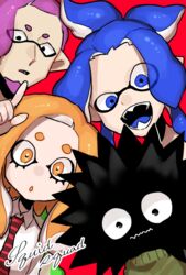  3boys black_eyes blue_eyes blue_hair commentary_request eyes_visible_through_hair fangs female group_name ichiya_(splatoon) ikkan_(splatoon) kameno_(nameko_ziru_n) long_hair looking_at_viewer multiple_boys murasaki_(splatoon) namida_(splatoon) open_mouth orange_eyes orange_hair pointy_ears sea_urchin smile splatoon_(series) splatoon_1 tentacle_hair 