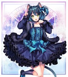  1boy :d animal_ears bare_shoulders blue_dress blue_hair bow buttons cat_ears cat_tail choker commentary commission dress english_commentary feet_out_of_frame frilled_dress frills fur_trim green_eyes hair_between_eyes hairbow kneehighs long_sleeves looking_at_viewer male_focus md5_mismatch oerba_yun_fang open_mouth otoko_no_ko paw_pose ryoune_yami sasucchi95 short_hair side_ponytail smile socks solo tail utau 