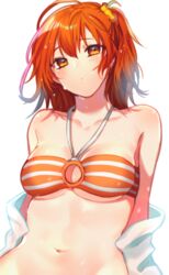  ai_(blacktea_milk) bad_id bad_twitter_id bikini blush breasts cleavage commentary_request cowboy_shot fate/grand_order fate_(series) female fujimaru_ritsuka_(female) fujimaru_ritsuka_(female)_(brilliant_summer) groin hair_between_eyes hair_ornament hair_scrunchie medium_breasts navel o-ring o-ring_top official_alternate_costume orange_eyes orange_hair scrunchie short_hair side_ponytail striped_bikini striped_clothes swimsuit wet white_background 