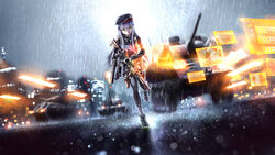  assault_rifle bad_id bad_pixiv_id battlefield_(series) battlefield_4 beret female girls&#039;_frontline gun h&amp;k_hk416 handgun hat highres hk416_(girls&#039;_frontline) long_hair military military_uniform military_vehicle motor_vehicle parody ray_(pixiv9514208) rifle running solo suppressor tank uniform weapon 