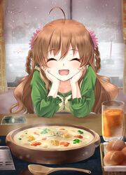  :d ^_^ ahoge braid brown_hair chibi-moth closed_eyes collarbone commentary curtains facing_viewer female floral_print food glass hair_between_eyes hair_ornament head_rest indoors kanbe_kotori long_hair long_sleeves open_mouth rewrite shirt sitting smile snowing solo spoon stew tagame_(tagamecat) twin_braids upper_body very_long_hair winter 