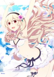  armpits arms_up bikini blonde_hair breasts cleavage cloud cloudy_sky commentary_request corrin_(female)_(fire_emblem) corrin_(female)_(summer)_(fire_emblem) corrin_(fire_emblem) crml_orng female fire_emblem fire_emblem_fates fire_emblem_heroes flower flower_necklace frilled_bikini frills grey_hair hair_flower hair_ornament hairband highres jumping lei long_hair medium_breasts midriff navel official_alternate_costume open_mouth red_eyes sky smile solo swimsuit thigh_strap twitter_username veil white_bikini 