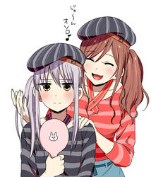  2girls :d ^_^ alternate_hairstyle bang_dream! beret black_hat black_shirt blush brown_hair closed_eyes commentary_request hand_in_another&#039;s_hair hand_mirror hand_on_another&#039;s_shoulder hat holding holding_mirror imai_lisa light_purple_hair long_sleeves minato_yukina mirror multiple_girls murata_(igaratara) neck_ribbon open_mouth purple_ribbon red_ribbon red_shirt ribbon shirt side_ponytail sidelocks simple_background smile striped_clothes striped_headwear striped_shirt translation_request upper_body white_background yellow_eyes 