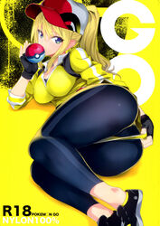  artist_name ass baseball_cap black_footwear black_gloves blue_eyes blush breasts copyright_name cover cover_page doujin_cover female female_protagonist_(pokemon_go) fingerless_gloves gloves hat highres holding holding_poke_ball jacket kissing kissing_object large_breasts leggings long_hair long_sleeves looking_at_viewer lying nylon_(nylon_100) on_side photoshop_(medium) poke_ball poke_ball_(basic) pokemon pokemon_go ponytail red_hat scan shoes shorts sidelocks sleeves_rolled_up solo teasing yellow_jacket yellow_shorts yellow_theme 