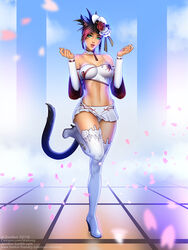  animal_ears bandeau black_hair boots breasts cat_ears cat_tail choker collarbone commentary_request commission detached_sleeves facial_mark female final_fantasy final_fantasy_xiv gradient_hair green_eyes hat high_heel_boots high_heels large_breasts lips looking_at_viewer marie_makise max_domikov midriff miqo&#039;te multicolored_hair parted_lips patreon_username petals pleated_skirt short_hair signature skirt smile solo standing standing_on_one_leg strapless tail thigh_boots thighhighs two-tone_hair warrior_of_light_(ff14) watermark web_address 