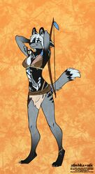  2019 4_toes african_wild_dog alishka anthro avoid_posting barefoot biped black_body black_fur black_nose blue_eyes bottomwear bow_(weapon) bra breasts canid canine claws clothing digital_media_(artwork) digitigrade english_text enya_(littlemutt) feet female full-length_portrait fur grey_body grey_fur hair hi_res loincloth loose_feather mammal midriff multicolored_body multicolored_fur navel portrait ranged_weapon simple_background smile solo standing text textured_background toe_claws toes translucent translucent_hair tribal underwear watermark weapon white_body white_fur white_hair 