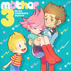  2boys artist_name belt bike_shorts blonde_hair blue_eyes boots brown_hair carrying closed_eyes duster_(mother) facial_hair female fingerless_gloves gloves hand_on_another&#039;s_shoulder hood hoodie kumatora lucas_(mother_3) messy_hair mother_(game) mother_3 multiple_boys otoe_(milkyboy_inc.) pants pink_eyes pink_hair princess_carry quiff short_hair shorts star_(symbol) striped wavy_mouth 