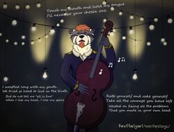  2018 ailurid bowed_string_instrument cello clothed clothing digital_media_(artwork) english_text hair looking_up lupelongo lyrics male mammal mumford_&amp;_sons music musical_instrument musical_note open_mouth procyonid raccoon red_panda sad simple_background singing solo standing string_instrument text 