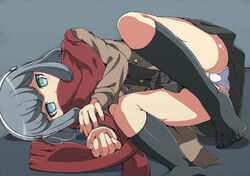  blue_background blue_eyes blue_hair blush commentary_request covered_mouth danganronpa_(series) danganronpa_3_(anime) female gekkogahara_miaya hairband kneehighs li@_(rikku04) lying medium_hair on_side panties pantyshot photoshop_(medium) scarf simple_background skirt socks solo underwear 