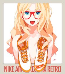  :p air_jordan air_jordan_9 blonde_hair blue_eyes border borrowed_character collarbone commentary_request cross-laced_footwear dekomegane emblem female flat_chest glasses grey_border highres long_hair looking_at_viewer nike_(company) no_nose nude orange_footwear original outside_border parted_lips red-framed_eyewear shoes shoes_around_neck sidelocks signature silenxe simple_background sneakers solo thick_eyebrows tongue tongue_out upper_body wavy_hair white_background white_footwear 