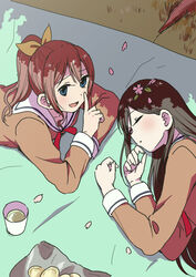  2girls :d bang_dream! black_hair blanket blue_eyes brown_dress brown_hair cherry_blossoms closed_eyes commentary_request cup dress drinking_glass flower food_wrapper green_tea hair_flower hair_ornament hanami hanasakigawa_school_uniform hanazono_tae index_finger_raised long_sleeves looking_at_viewer lying multiple_girls murata_(igaratara) on_side on_stomach open_mouth outdoors picnic ponytail sailor_dress school_uniform sidelocks sleeping smile tea yamabuki_saya 