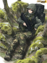  absurdres assault_rifle backpack bag blue_eyes boots brown_hair bullpup camouflage commentary_request female fn_f2000 girlcam_(tanto) gun highres hood hood_up load_bearing_vest looking_at_viewer military military_uniform moss muzzle_device outdoors patch photoshop_(medium) rifle rock scope sitting slovenia tanto_(tc1995) tree trigger_discipline uniform weapon woodland_camouflage 