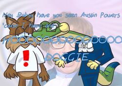  absurd_res anthro austin_powers bubsy bubsy_(series) clothed clothing dialogue duo english_text exclamation_point eyewear felid feline fur gecko gex_(series) gex_the_gecko glasses green_body green_scales hi_res lizard long_neck lynx mammal meme name_drop name_in_dialogue reptile scales scalie shitpost species_in_dialogue species_name_variant standing suit text themogsta what 