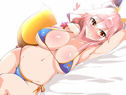  animal_ears arm_up bed_sheet bikini blue_bikini breasts commentary_request dutch_angle fate/grand_order fate_(series) female fox_ears fox_tail hair_between_eyes hand_on_own_chest kurorettsu large_breasts long_hair looking_at_viewer lying navel on_side pink_hair shirt side-tie_bikini_bottom solo stomach swimsuit tail tamamo_(fate) tamamo_no_mae_(swimsuit_lancer)_(fate) underboob yellow_eyes 