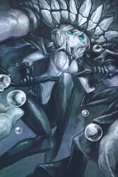  a-er_(akkij0358) abyssal_ship black_gloves black_pantyhose bodysuit bubble cane cape closed_mouth colored_skin commentary_request covered_navel female gloves glowing glowing_eyes green_eyes grey_theme hat headgear highres kantai_collection long_hair looking_at_viewer monster pale_skin pantyhose photoshop_(medium) solo teeth tentacle white_hair white_skin wo-class_aircraft_carrier 