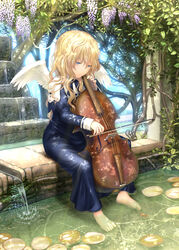  barefoot blonde_hair blue_eyes bow_(music) cello commentary_request dress female fish highres instrument long_hair long_sleeves original plant sabamu soaking_feet solo tree vines water wavy_hair wings 