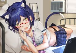  air_conditioner animal_ears black_panties black_socks blouse blue_hair blue_skirt blurry blush breasts cat_ears cat_tail commentary computer depth_of_field female full_body glasses highres indoors kneehighs laptop large_breasts looking_at_viewer loose_skirt lu&quot; lying mirror mole mole_under_eye navel necktie nijisanji on_bed on_side open_mouth panties pillow plaid plaid_skirt pleated_skirt purple_necktie red-framed_eyewear school_uniform semi-rimless_eyewear shirt shizuka_rin short_hair silver_creator_award skirt socks solo striped striped_necktie tail under-rim_eyewear underwear unzipped virtual_youtuber white_shirt window_blinds yellow_eyes youtube_creator_award 