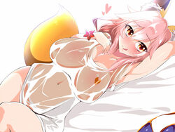  animal_ears armpits bare_arms bottomless breasts commentary_request convenient_censoring covered_nipples fate/grand_order fate_(series) female fox_ears fox_tail groin kurorettsu large_breasts long_hair looking_at_viewer lying naked_shirt navel no_bra on_side pink_hair see-through shirt solo t-shirt tail tamamo_(fate) tamamo_no_mae_(swimsuit_lancer)_(fate) tamamo_no_mae_(swimsuit_lancer)_(second_ascension)_(fate) tongue tongue_out unworn_clothes wet wet_clothes wet_shirt white_shirt yellow_eyes 