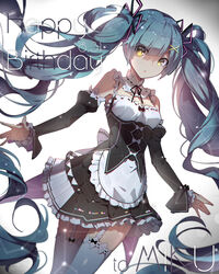  adapted_costume alternate_costume alternate_eye_color aqua_hair bare_shoulders belt blue_hair character_name commentary_request cosplay dated detached_sleeves dress female frills garter_straps hair_ornament hairclip happy_birthday hatsune_miku linfi-muu long_hair looking_at_viewer maid md5_mismatch re:zero_kara_hajimeru_isekai_seikatsu rem_(re:zero) rem_(re:zero)_(cosplay) roswaal_mansion_maid_uniform skirt solo sparkle thighhighs twintails very_long_hair vocaloid white_thighhighs x_hair_ornament yellow_eyes 