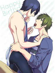  2boys apron black_hair blue_eyes brown_hair cardigan feeding free! green_eyes hand_on_another&#039;s_face hand_on_shoulder hand_on_waist happy_birthday male_focus multiple_boys nanase_haruka_(free!) open_mouth short_hair sitting swim_trunks tachibana_makoto 