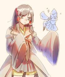  1other absurdres androgynous bad_id bad_twitter_id bow brown_coat brown_hair coat cosplay crossover detached_sleeves facing_away female hair_tubes hairbow hakurei_reimu hakurei_reimu_(cosplay) highres houlen_yabusame houlen_yabusame_(cosplay) len&#039;en short_hair sidelocks touhou trait_connection wei_li 