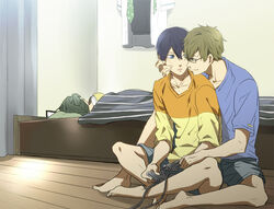  2boys barefoot black_hair blue_eyes brown_hair controller free! glasses green_eyes hand_on_another&#039;s_face male_focus mina_(o414) multiple_boys nanase_haruka_(free!) room shirt short_hair sitting tachibana_makoto towel 