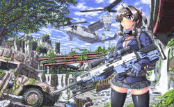  ahoge backpack bag black_hair black_thighhighs blue_eyes blue_sky breasts building cleavage cloud commentary_request day female goggles goggles_around_neck ground_vehicle gun hase_yu humvee medium_breasts motor_vehicle original outdoors pleated_skirt post-apocalypse rifle ruins school_uniform short_hair skirt sky solo thighhighs tiltrotor trigger_discipline v-22_osprey weapon zettai_ryouiki 