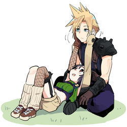  1boy :d black_hair blonde_hair blue_eyes breasts bright_pupils brown_eyes brown_footwear brown_gloves brown_shorts closed_mouth cloud_strife commentary_request crop_top female final_fantasy final_fantasy_vii fishnet_thighhighs fishnets frown garter_straps gloves hands_on_another&#039;s_face loose_socks lying on_back open_mouth ribbed_legwear shoes shorts shoulder_pads single_glove single_thighhigh sitting small_breasts smile socks spiked_hair thighhighs tonmoh turtleneck white_background white_pupils yuffie_kisaragi 