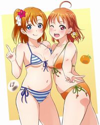  2girls :q ;d ahoge asymmetrical_docking baozi bikini blue_bikini blue_eyes blush bow braid breast_press breasts brown_hair cleavage collarbone commentary_request flower food fruit hair_flower hair_ornament hair_ribbon hairbow halterneck in-franchise_crossover kosaka_honoka love_live! love_live!_school_idol_project love_live!_sunshine!! mandarin_orange medium_breasts midriff multiple_girls navel one_eye_closed one_side_up open_mouth orange_bikini orange_hair pink_flower red_eyes ribbon round_teeth side-tie_bikini_bottom side_braid smile striped_bikini striped_clothes swimsuit takami_chika teeth tongue tongue_out turkey_min upper_teeth_only v white_flower white_ribbon yellow_background yellow_bow 