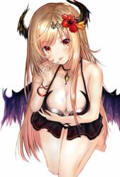  absurdres bare_arms bare_shoulders barefoot black_one-piece_swimsuit blonde_hair breasts brown_eyes casual cleavage collarbone commentary_request curled_horns dark_angel_olivia efuri_(riarea00) female fingernails flower food_on_body food_on_breasts granblue_fantasy hair_flower hair_ornament head_tilt highres holding horns kneeling large_breasts leaning_forward long_hair looking_at_viewer olivia_(summer)_(granblue_fantasy) one-piece_swimsuit popsicle_stick purple_wings red_flower simple_background solo swimsuit very_long_hair white_background wings 