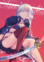  absurdres ahoge bad_id bad_pixiv_id bikini black_footwear black_gloves black_panties cape collar commentary_request en@rain fate/grand_order fate_(series) female gloves highres jeanne_d&#039;arc_alter_(fate) jeanne_d&#039;arc_alter_(swimsuit_berserker)_(fate) katana long_hair looking_at_viewer o-ring o-ring_bikini o-ring_bottom o-ring_panties panties red_background red_thighhighs sandals shrug_(clothing) single_thighhigh sitting smug solo swimsuit sword thighhighs underwear very_long_hair weapon white_hair yellow_eyes 