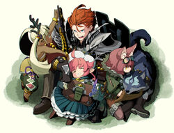  2boys 2girls animal_ears antlers armor bag blonde_hair blue_eyes boots bracelet brown_hair closed_eyes commentary_request dragoon_(sekaiju) dragoon_1_(sekaiju) dress flower gloves goggles goggles_on_head hat herbalist_(sekaiju) herbalist_2_(sekaiju) highres horns hound_(sekaiju) hound_1_(sekaiju) jewelry multiple_boys multiple_girls pink_hair red_hair reiesu_(reis) sekaiju_no_meikyuu sekaiju_no_meikyuu_5 shaman_(sekaiju) shaman_2_(sekaiju) shield sleeping twintails wolf yellow_eyes 