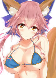  animal_ear_fluff animal_ears bare_shoulders bikini blue_bikini blue_bow blush bow breasts brown_eyes cleavage closed_mouth collarbone commentary_request fate/grand_order fate_(series) female fox_ears fox_girl fox_tail hair_between_eyes hairbow haru_(nature_life) head_tilt large_breasts long_hair pink_hair skindentation smile solo swimsuit tail tamamo_(fate) tamamo_no_mae_(swimsuit_lancer)_(fate) upper_body 