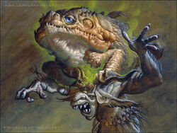  ambiguous_gender amphibian big_ears carrying_another duo feral frog front_view goblin hairy hasbro humanoid lars_grant-west magic:_the_gathering male mostly_nude official_art on_shoulders on_top on_top_of signature teeth text toad_(frog) url wizards_of_the_coast 